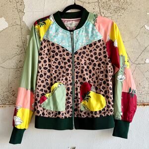 Patchwork Bomber Jacket NWT Boho Leopard Floral Print Colorblock Satin Women’s 4
